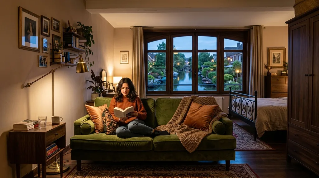 Appartement Amiens canapé velours vert mousse et lampe cuivre — exhib au tel Laurine