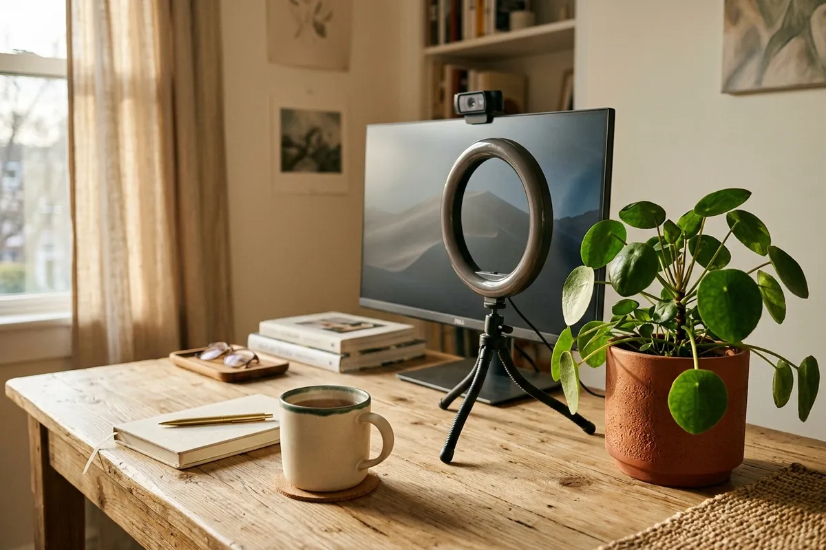 Silhouette de femme éclairée face à une webcam dans une pièce neutre, ambiance tamisée