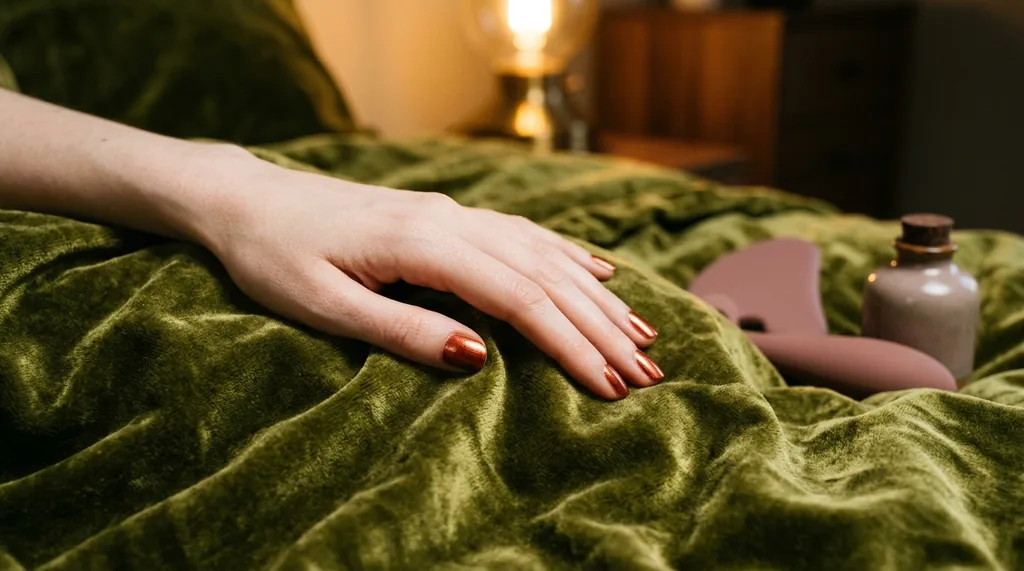 Main féminine sur velours vert mousse — tel rose exhib Laurine Amiens